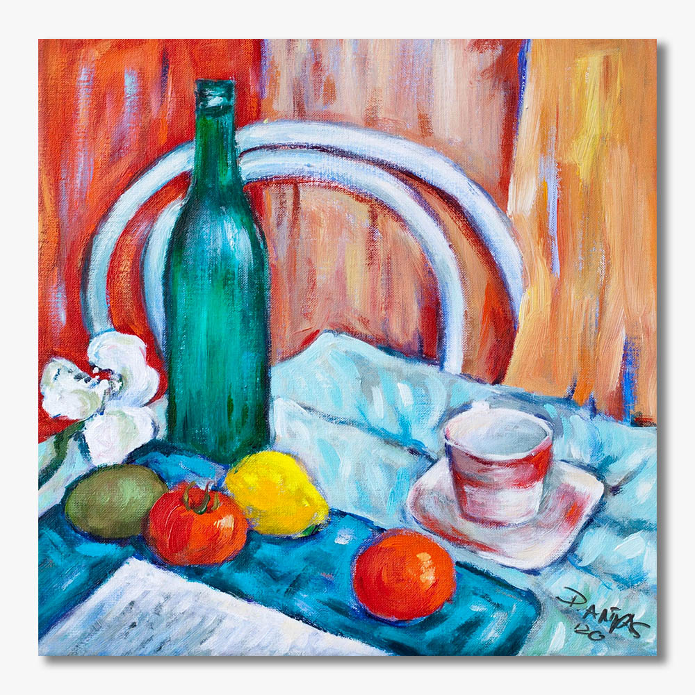 Martwa natura z Lilią obraz akryl na płótnie, zainspirowany twórczością Paula Cezanne'a. obraz do kuchni, martwa natura, obraz do jadalni,